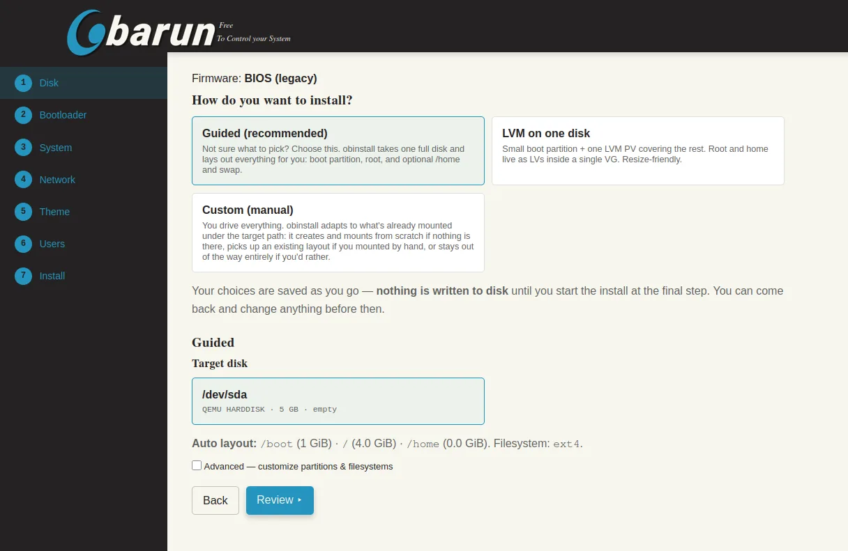 The Disk step, offering Guided, LVM on one disk and Custom, with the detected firmware and the target disk below
