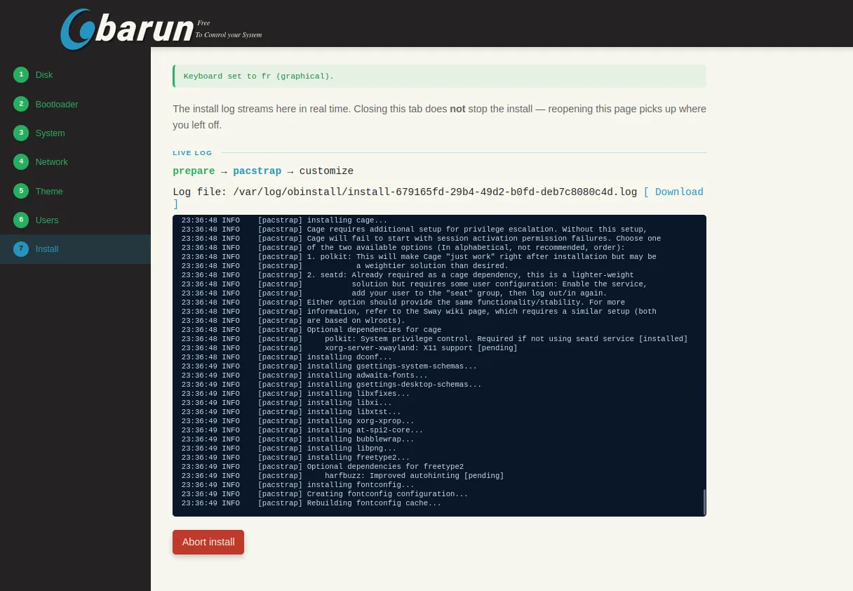 The Install step, streaming the pacstrap log live, with the phase progress, the log file path and an Abort install button