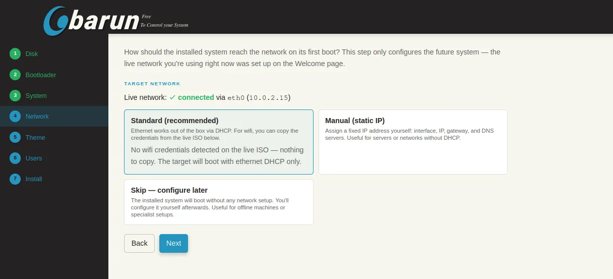The Network step, offering Standard DHCP, Manual static IP, and Skip