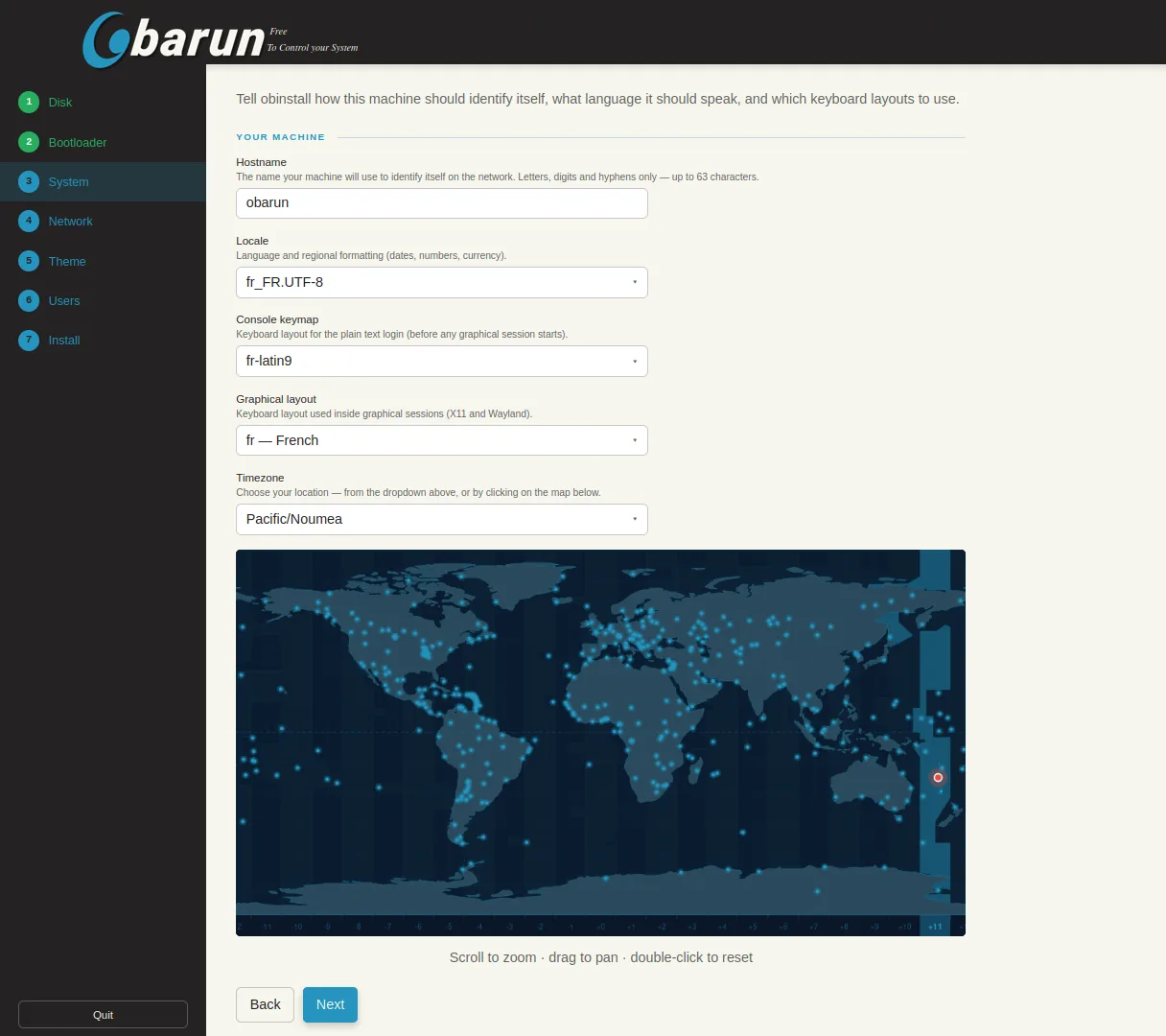 The System step: hostname, locale, console keymap, graphical layout, and a timezone picker with a clickable world map