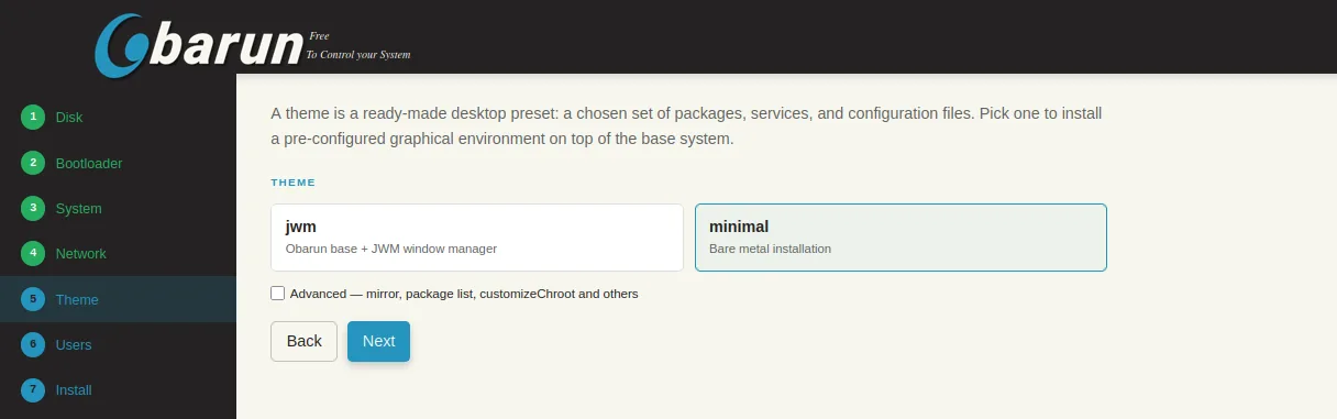 The Theme step, offering jwm and minimal