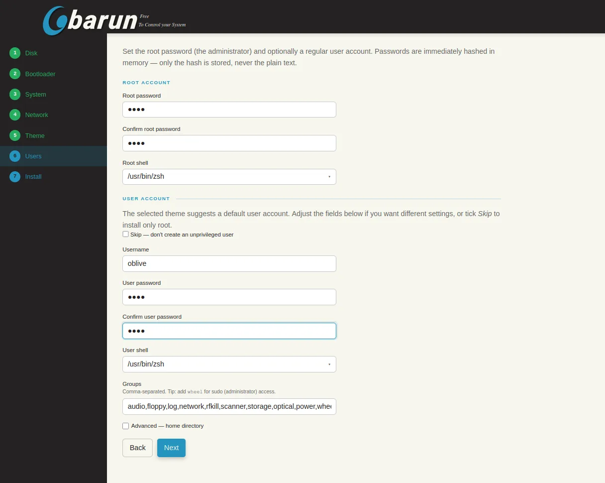 The Users step: root password and shell, then an optional unprivileged account with its shell and groups