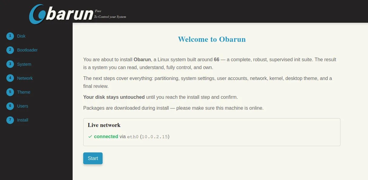 The obinstall welcome page, with the seven steps listed in the left sidebar, a live network check, and a Start button